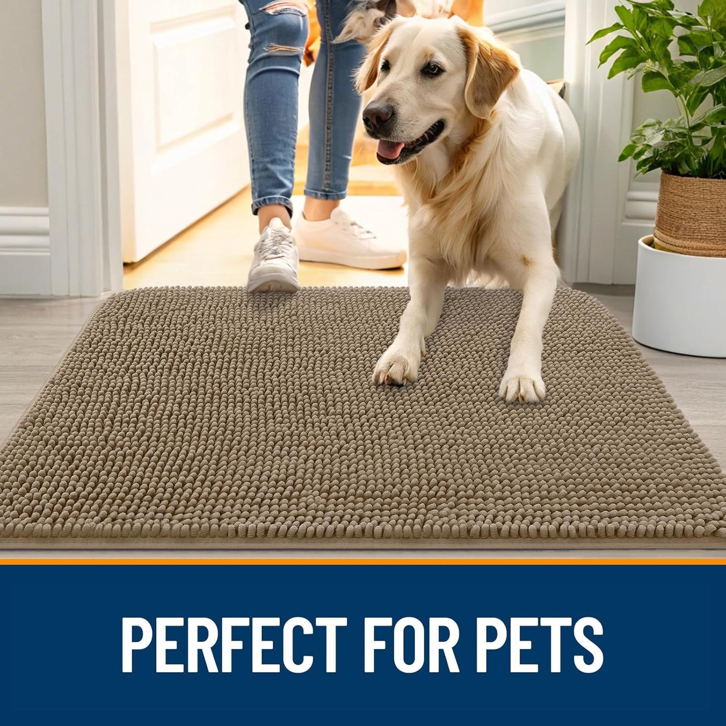 OLANLY Dog Door Mat for Muddy Paws 59x35, Absorbs Moisture and Dirt, Absorbent Non-Slip Washable Doormat, Quick Dry Chenille Mud Mat for Dogs, Entry Indoor Entryway Carpet for Inside Floor, Tan