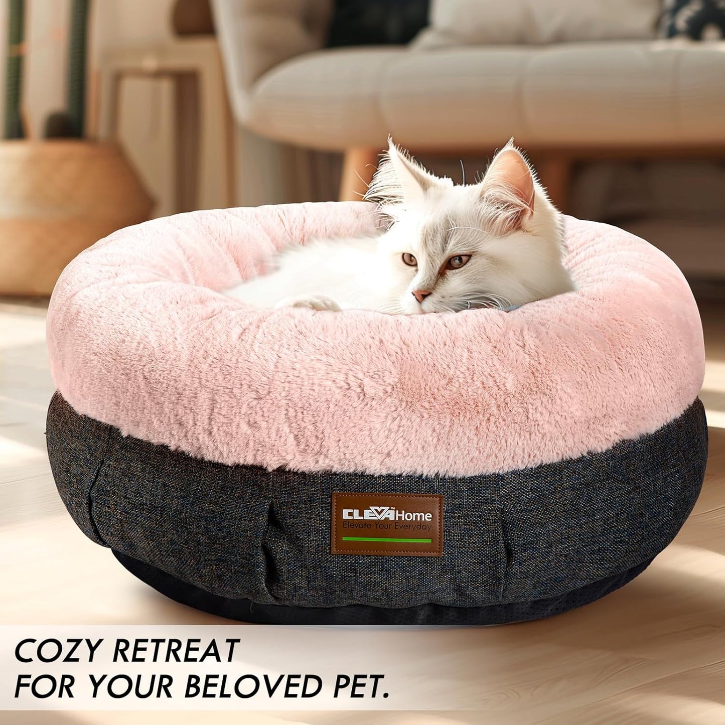 ClevaHome Cozy Cat Bed - Ultra-Soft Plush Pet Bed with Raised Sides and Anti-Slip Base, Comfortable Round Bed for Small Pets up to 11 lbs