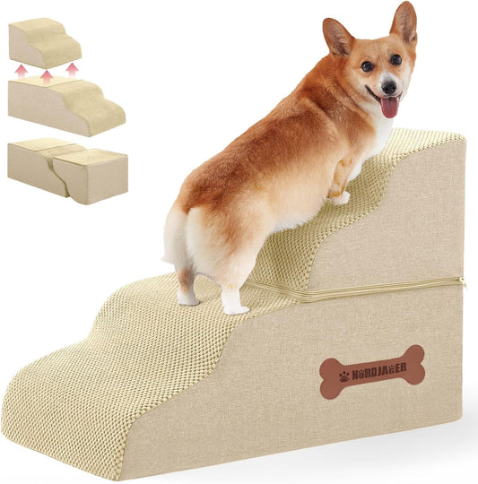 Dog Stairs 4 Steps for Small Dogs and Cats to Get on High Beds, Couch or Car, Pets Can Climb, Sit, Lie Down or Perch to Look Out Windows on The Spliceable Ramp, Provides Support, Beige（19" H）
