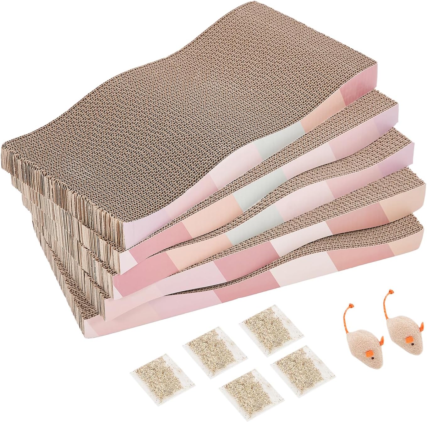 Cat Scratching Pads Cardboard Cat Scratchers for Indoor Cats Reversible Large Wide Corrugated with Catnip and Mini Toy(5pcs)