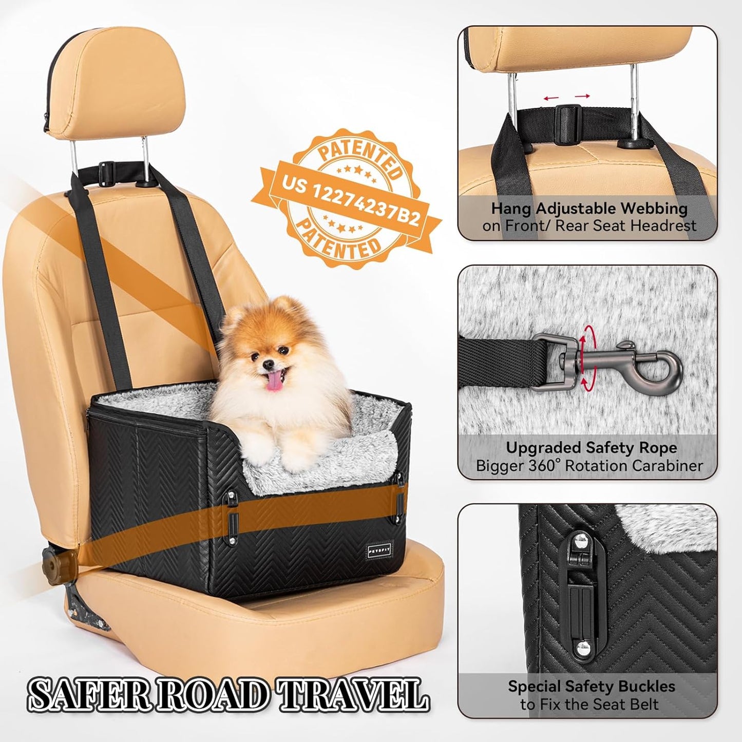 PETSFIT Small Dog Car Seat, Waterproof PU Leather Dog Carseat with Patent Safe Buckles, Clip-On Leash, Car Seat for Dogs, Cats Up to 25 lbs (Glossy Black)