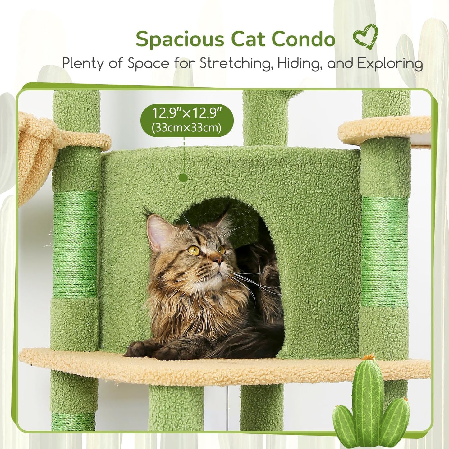 Globlazer Cactus Corner Cat Tree Tower with Scratching Post for Indoor Cats, 51in Multi-Level Cat Condo Tower with Large Hammock, Fan-Shaped Padded Perch, Spacious Cat Cave, Hanging Basket, C51, Green