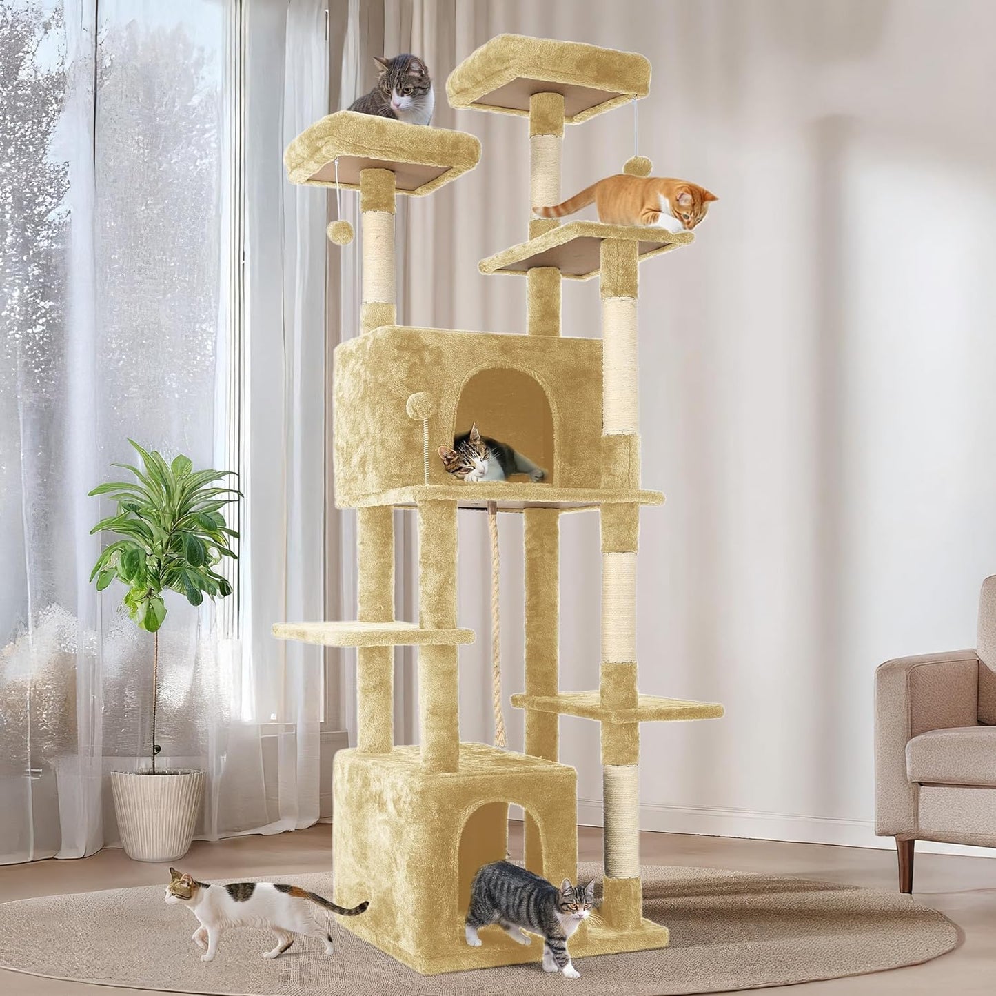 69in Large Cat Tree Tower for Indoor Cats with Soft Plush Hang Ball, Two Condos, Sisal Scratch Posts & Rope Play for Kittens/Adult Cats, Beige