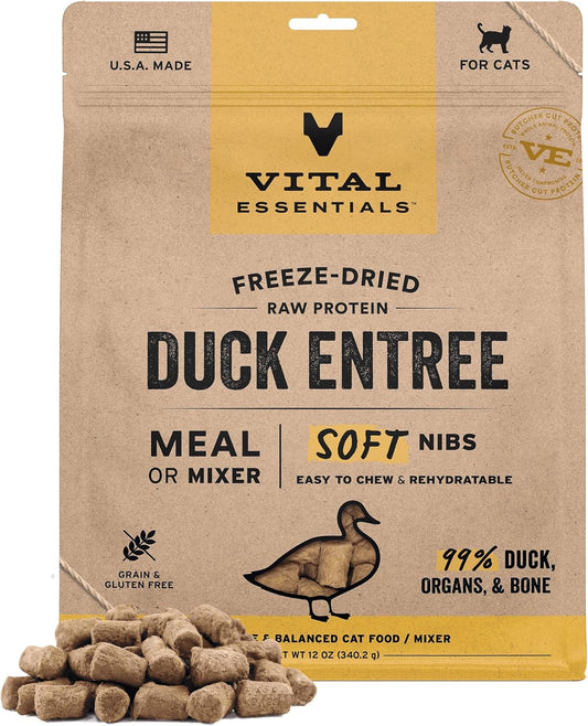 Vital Essentials Freeze-Dried Raw Duck Meal or Mixer Cat Food Soft Nibs | 99% Duck, Organs & Bone | 12 oz
