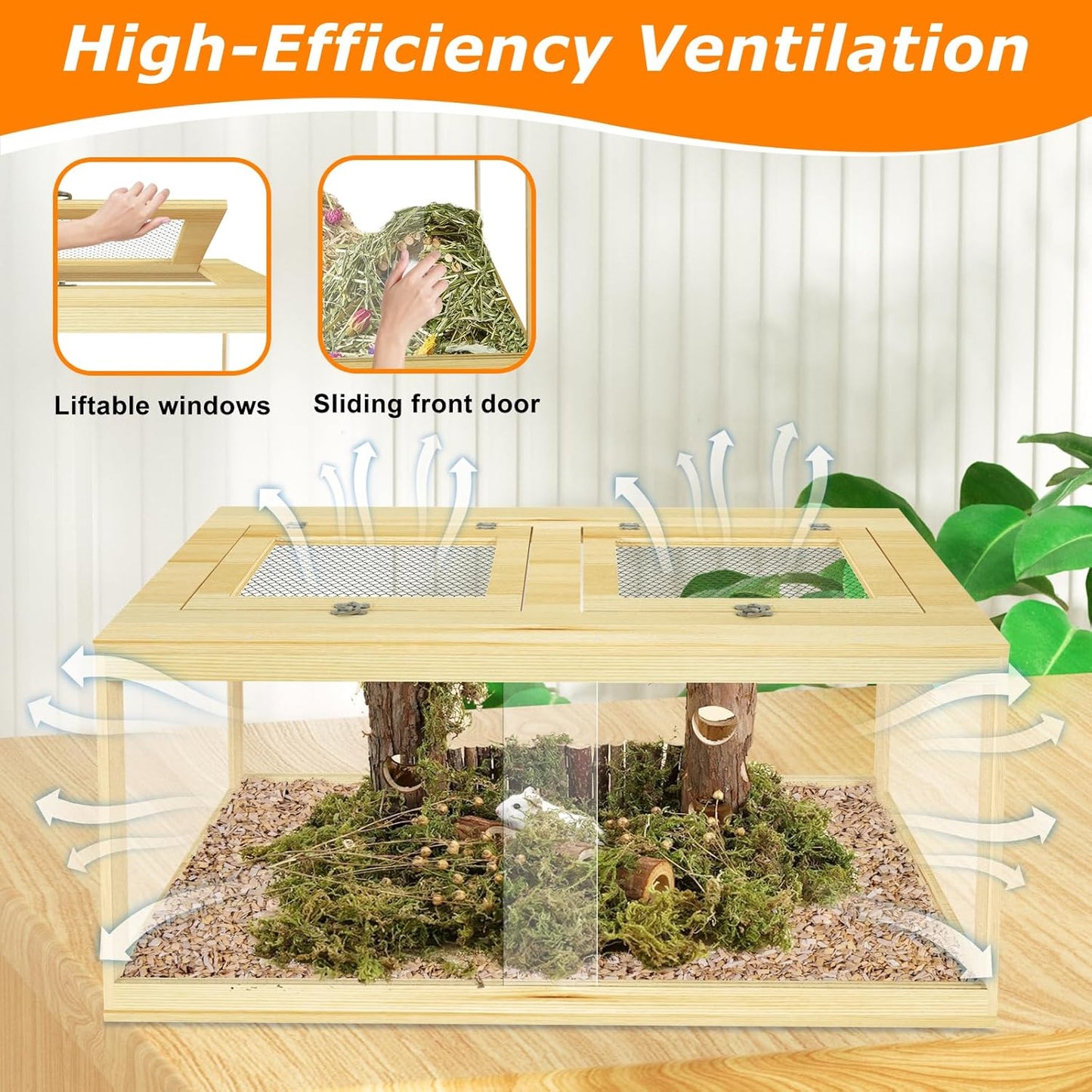 32" Hamster Habitat Enclosure, Lockable Sliding Door Gerbil Cage, Dwarf Hamster Cage with Metal Mesh Roof, Chewproof Syrian Hamster Cage for Mice, Small Animal, (Wooden, 32" L x 16" W x 16" H)