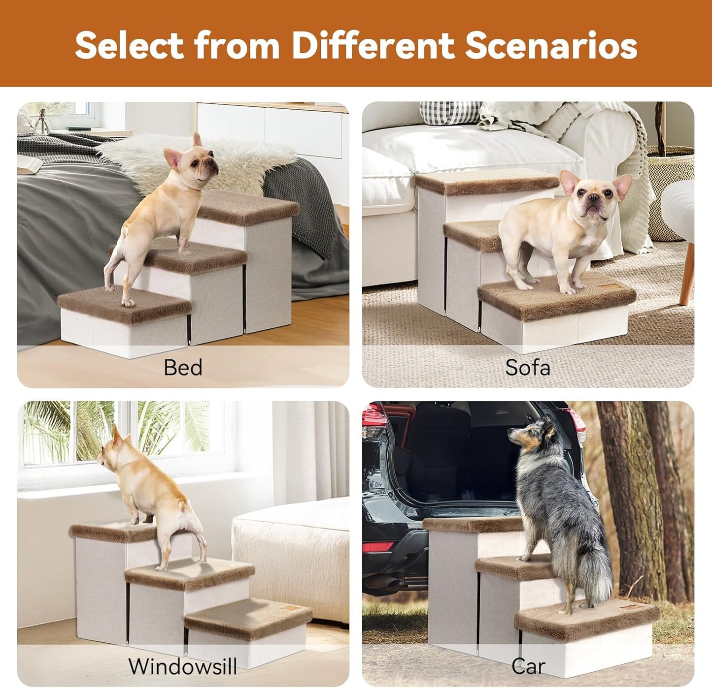 Dog Stairs with Furry Lids 18" H, 3-Step Wider Dog Steps with Storage for Small/Medium/Large Old Dogs Cats, Folding Sturdy Pet Stairs Climbing Bed Couch, Ramp for Car Up to 200 lbs, Khaki