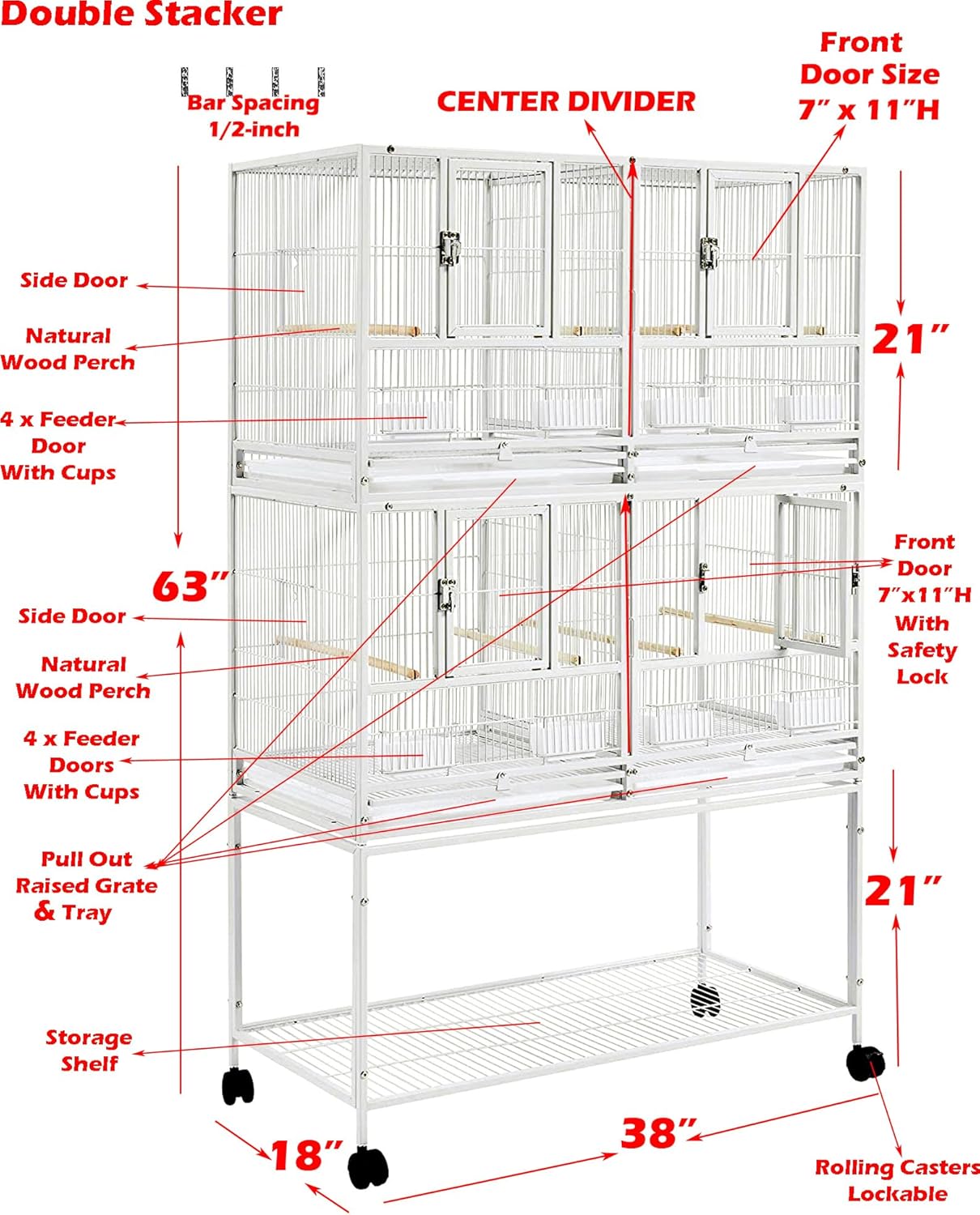 Stackable Center Divided Breeder Breeding Bird Flight Double Rolling Cage for Aviaries Canaries Cockatiels Lovebirds Finches Budgies Small Parrots (White Vein, Double Story)