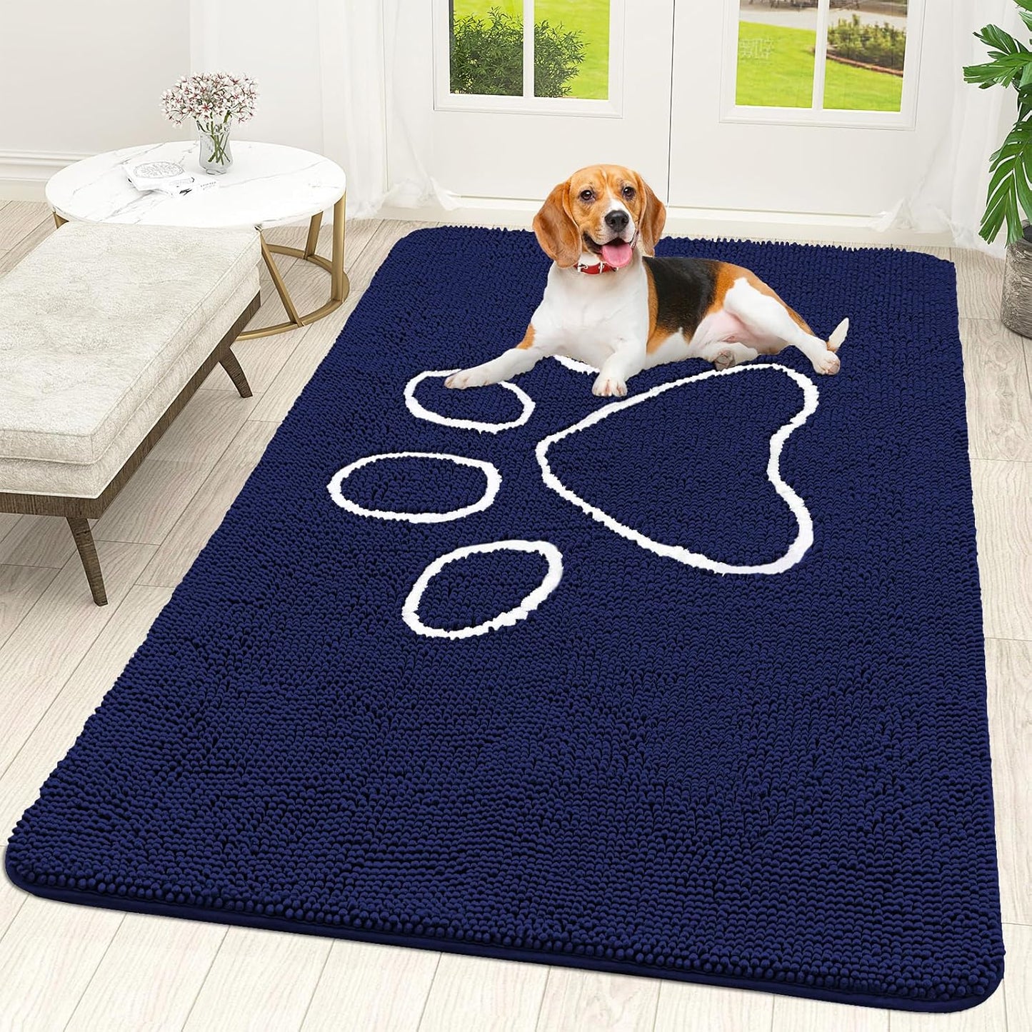 OLANLY Door Mat for Muddy Dog Paws 59x35, Ultra Absorbent Chenille Mud Doormat with Paw Print Design, Non-Slip Washable Doormat for Indoor Entryway, Quick-Dry Pet Bed Mats for Dirty Dogs, Navy Blue