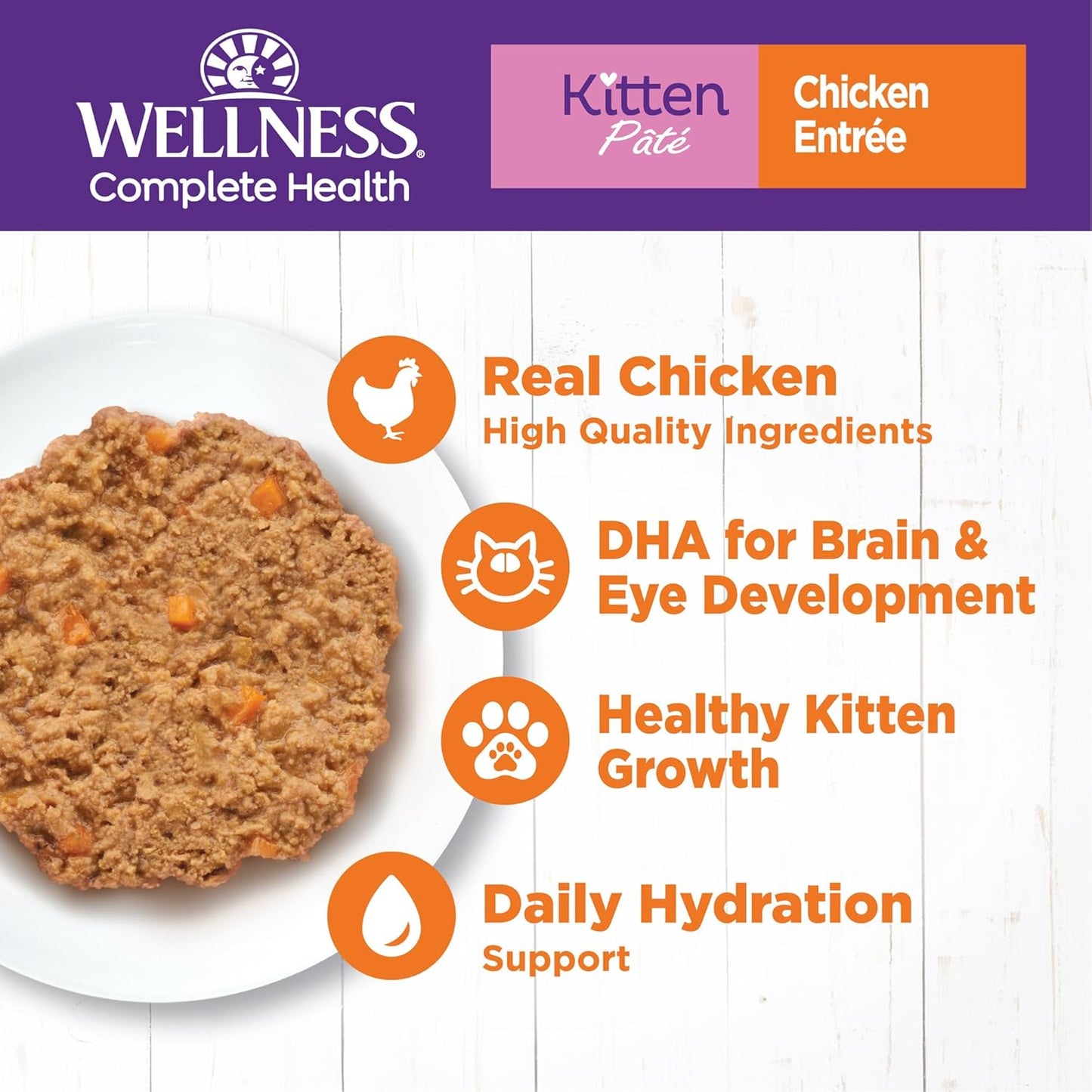 Wellness Complete Health Pate Kitten Wet Cat Food, Natural, Protein-Rich, Grain Free, 3 Ounce, 24 Pack, (Chicken)