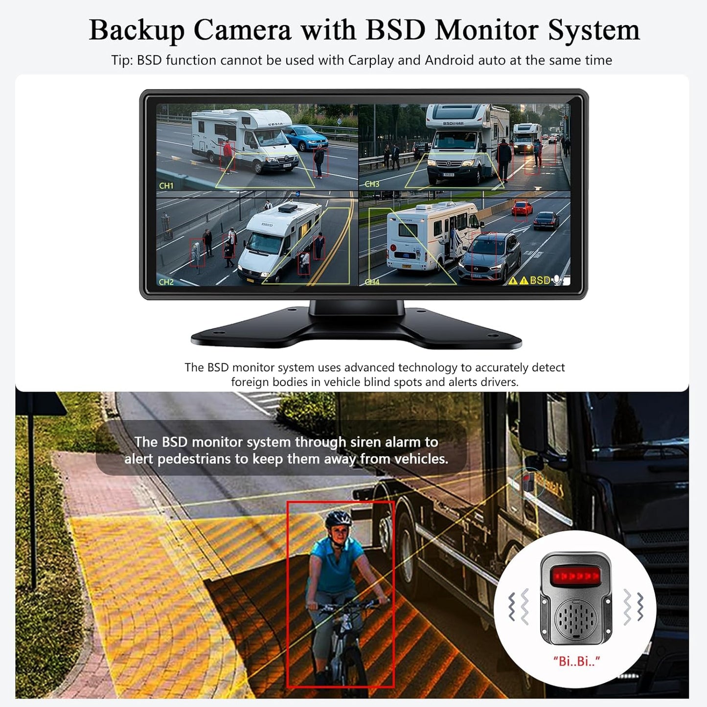 RV Backup Camera with Carplay Android Auto for RV Horse Trailer Semi Box Truck,1080P HD 4 Splits 10.36" Touch Monitor Rear/Side Backup Cameras with Mirror Link FM Waterproof Night Vision DVR Recording