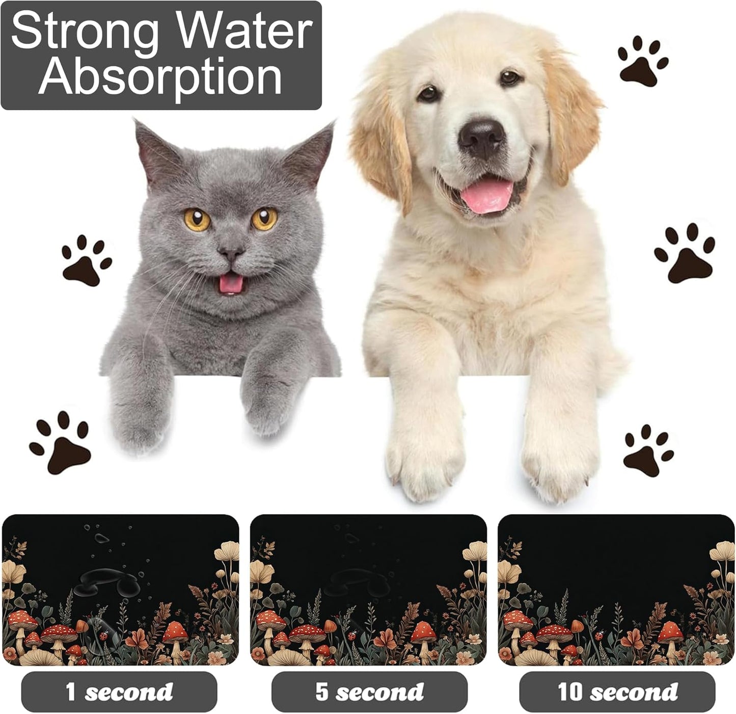 Vintage Mushroom Flower Pet Cat Dog Food Mat-Absorbent Quick Dry Feeding Placemat for Water and Food, No Stains Rubber Base Mat for Indoor Use, Pet Accessories 16"x24"