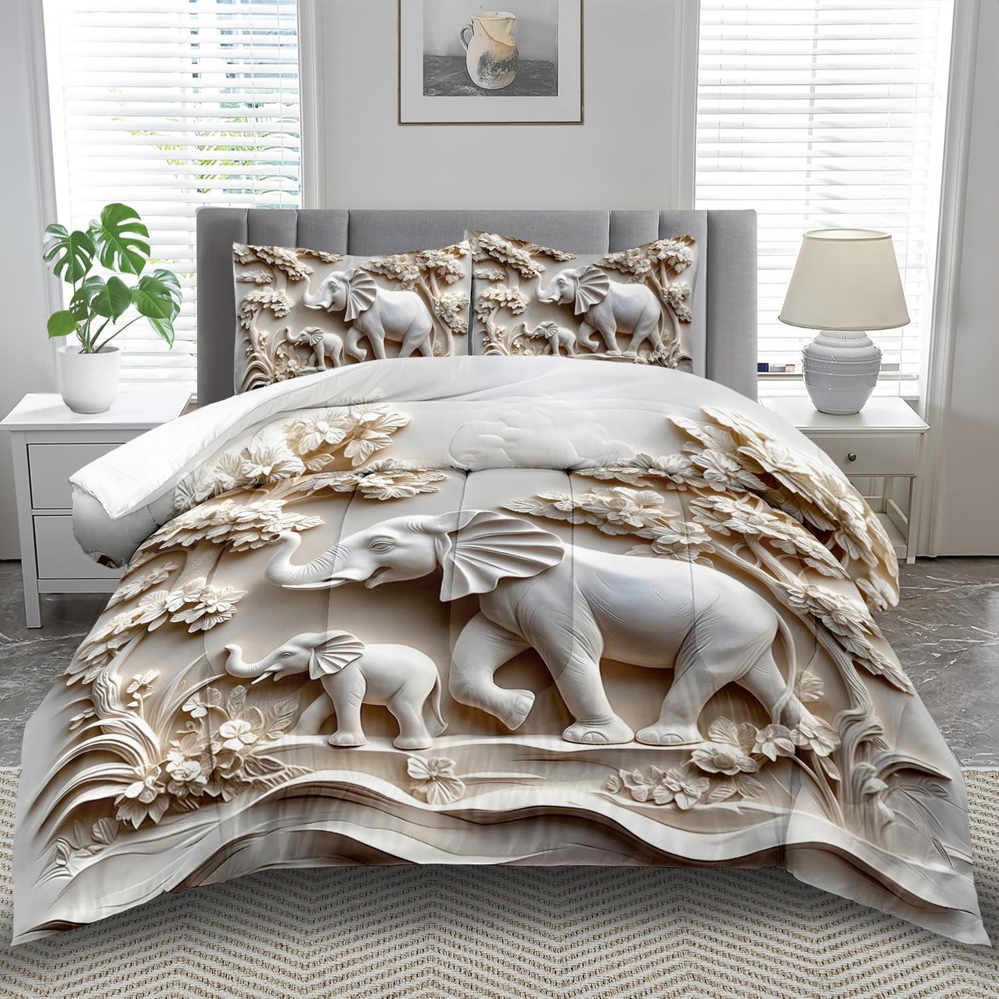 Elephant Comforter Set King Adult, White Animal Bedding Set King for Man, Cute Animal Comforter for Kids,Elephant Quilt Pattern White Bedroom Decor Womens, Relief Bedding