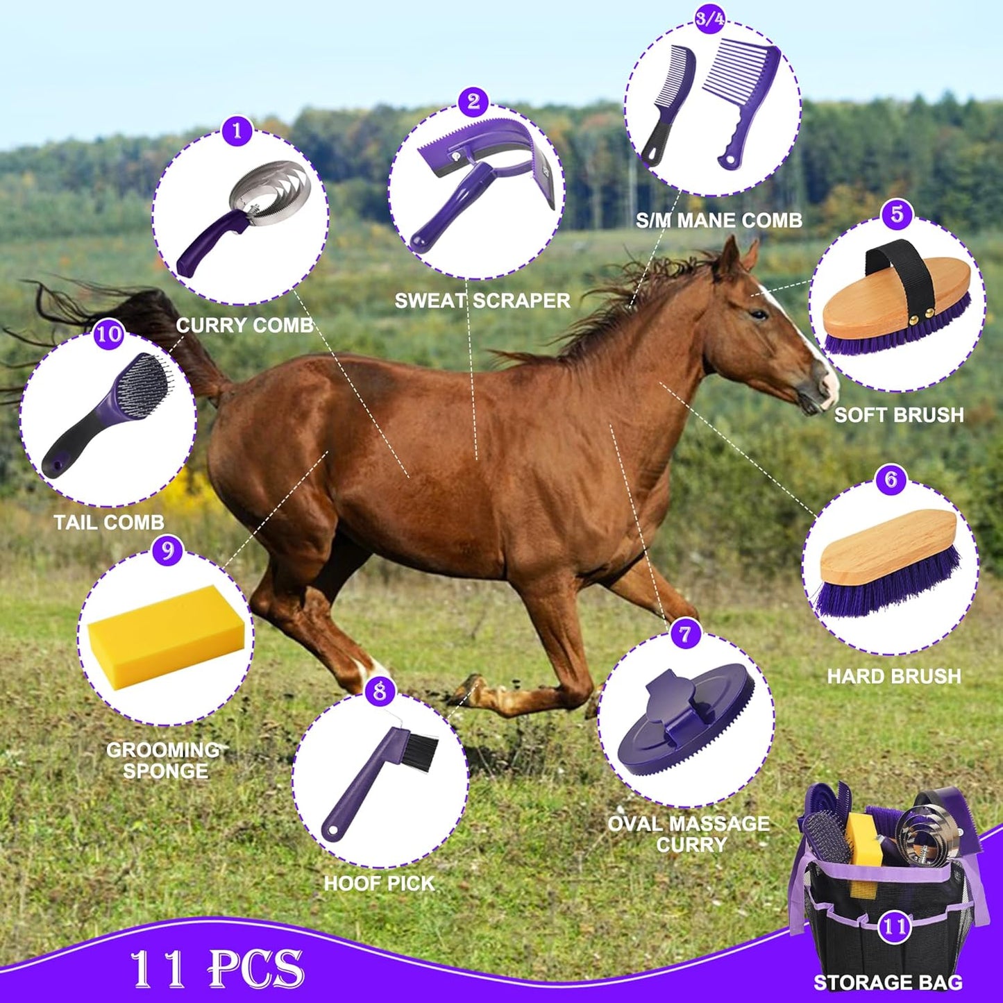 Horse Grooming Kit - 11 Piece Bathing Supplies with Organize Bag, Full Body Kit Including Sweat Scraper, Bath Sponge, Hoof Pick, Massage Comb (Purple)