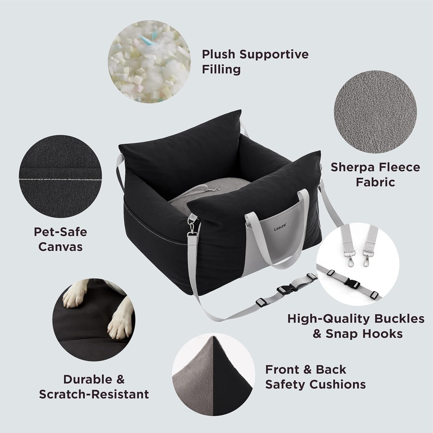 Lesure Small Dog Car Seat for Small Dogs - Waterproof Dog Booster Car Seat with Storage Pockets, Clip-On Safety Leash and Thickened Memory Foam Filling, Pet Carseat Puppy Travel Carrier Bed, Black