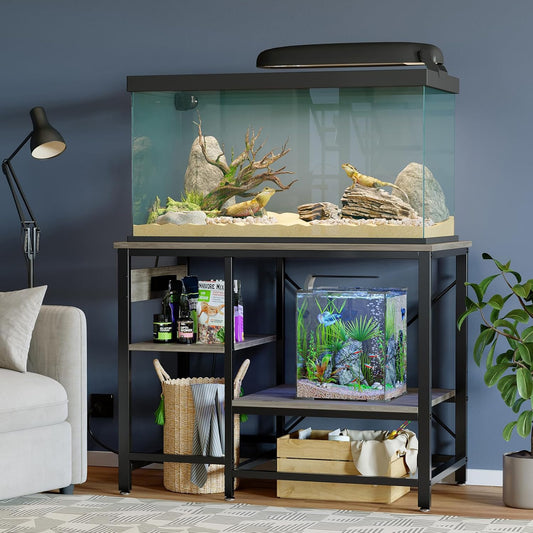 40-50 Gallon Fish Tank Stand with Charging Station, 36x19 Metal Aquarium Stand with 3-Tiers Adjustable Storage Shelves, 6-Legs Reptile Terrarium Stand, 660 LBs