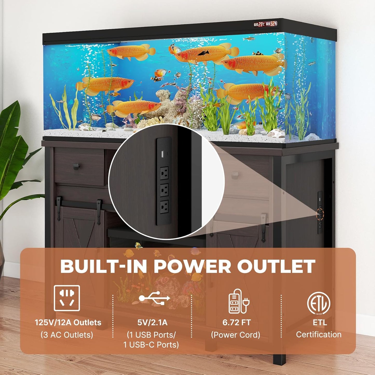 Miereirl 55-75 Gallon Fish Tank Stand with Power Outlet – Heavy Duty Aquarium Stand, Rustic Farmhouse Style, 800 lb Capacity, Adjustable Storage & Sliding Barn Doors, Dark Brown