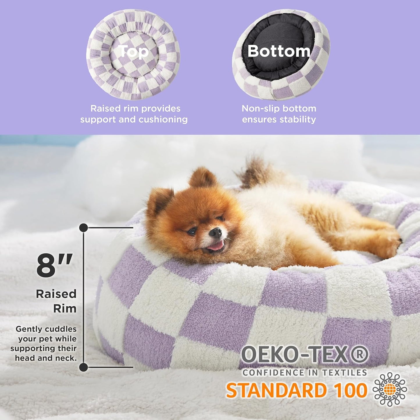 LE SURE Donut Small Dog Bed - Round Cat Beds for Indoor Cats Calming Pet Beds, Cute Modern Beds with Jacquard Shaggy Plush & Anti Slip Bottom, 23 Inch, Purple