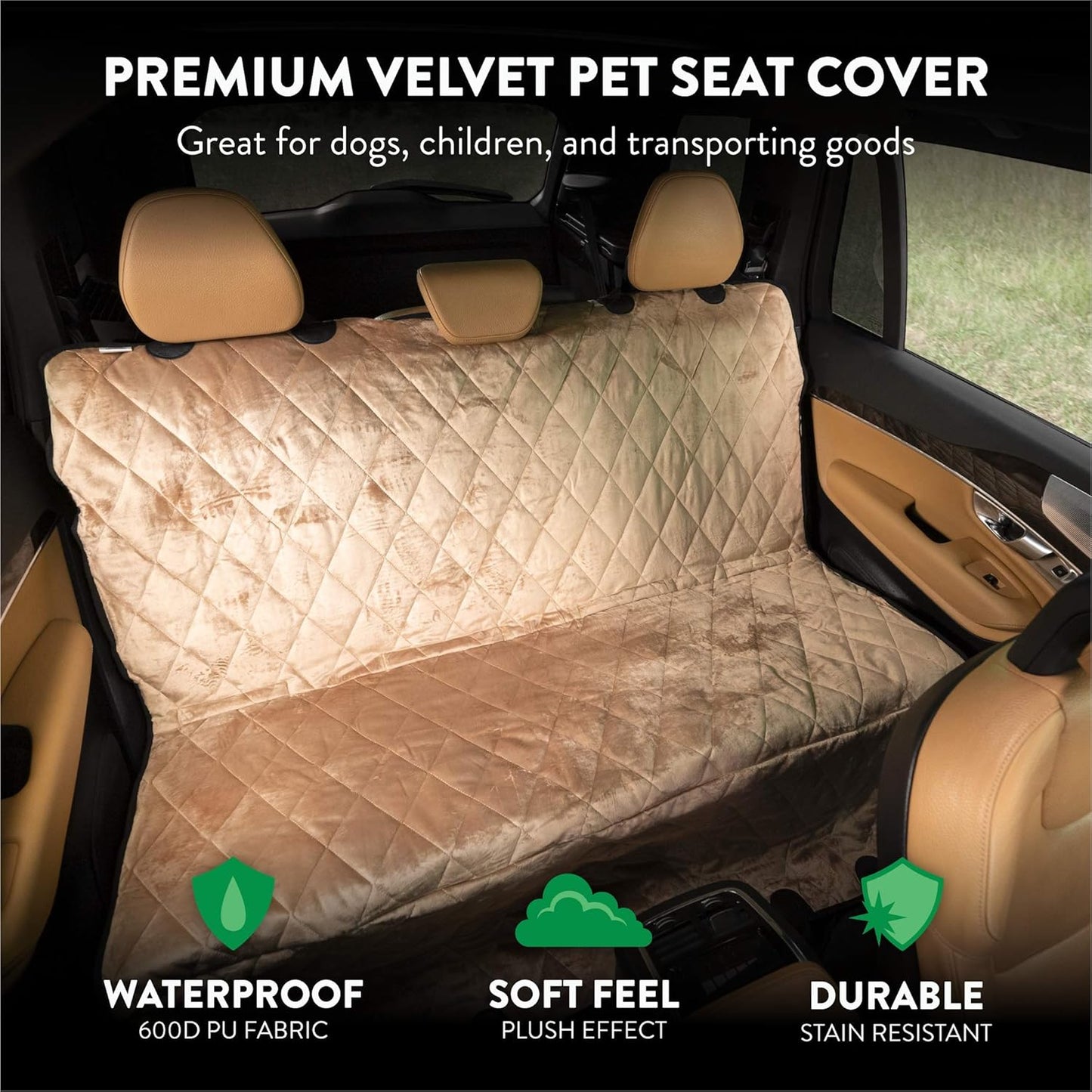 Plush Paws Products Velvet Rear Car Seat Protector w/Hammock | Washable & Waterproof Back Seat Dog Cover for Car, Truck, & SUV | Nonslip, Tear Resistant Pet Seat Cover | X-Large Desert Sand