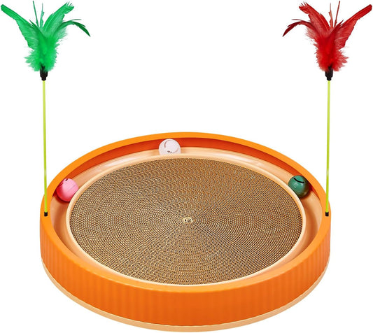 20-Inch Round Cat Scratcher with Ball Track – 3-in-1 Cardboard Cat Scratching Pad with Feather Toys, Non-Slip Base – Interactive Cat Toy for Indoor Cats, Kitten Scratch Play Lounge Board (Orange)