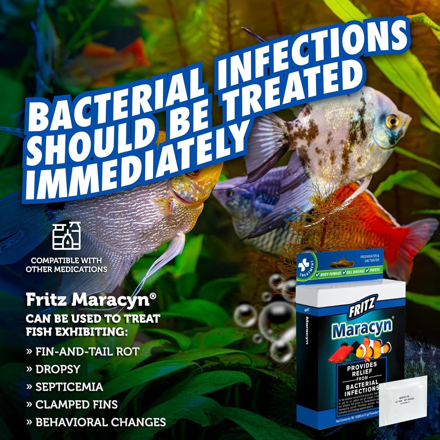 Fritz Maracyn - for Saltwater and Freshwater gram-Positive Relief from Bacterial gil, Popeye, More - Easy dose Packets, 20 Count