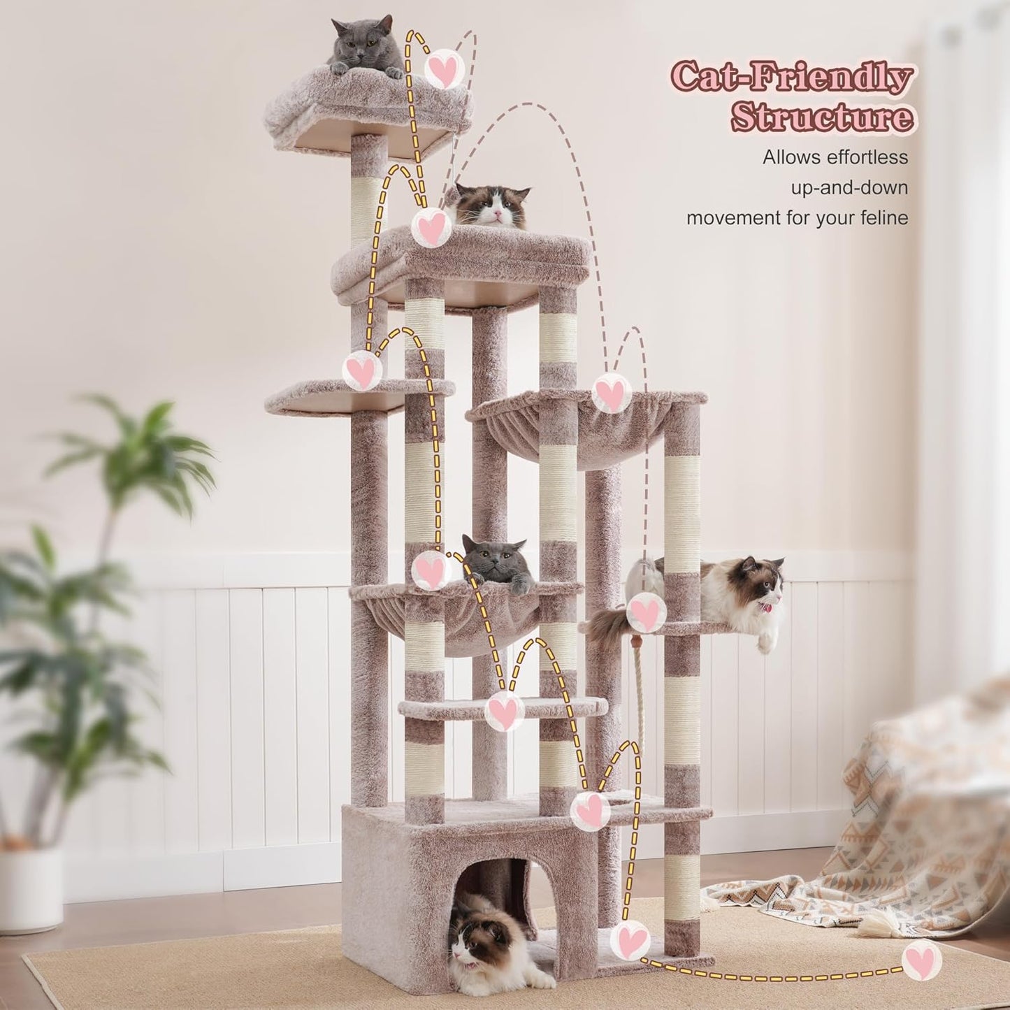 Heybly Heavy Duty Cat Tree, 71-Inch Tall Tower for Large Maine Coon with Extra-Large Baseboard, Cat Condo Furniture with Multi-Level Platforms, 2 Hammocks and 12 Scratching Posts, Muchroom HCT037MU