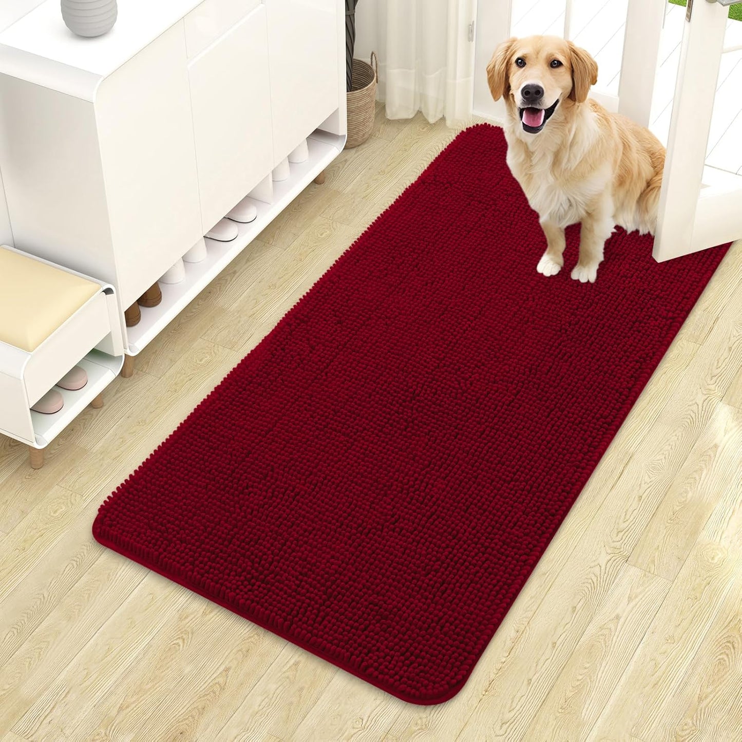 OLANLY Dog Door Mat for Muddy Paws 44x24, Absorbs Moisture and Dirt, Absorbent Non-Slip Washable Doormat, Quick Dry Chenille Mud Mat for Dogs, Entry Indoor Entryway Carpet for Inside Floor, Red
