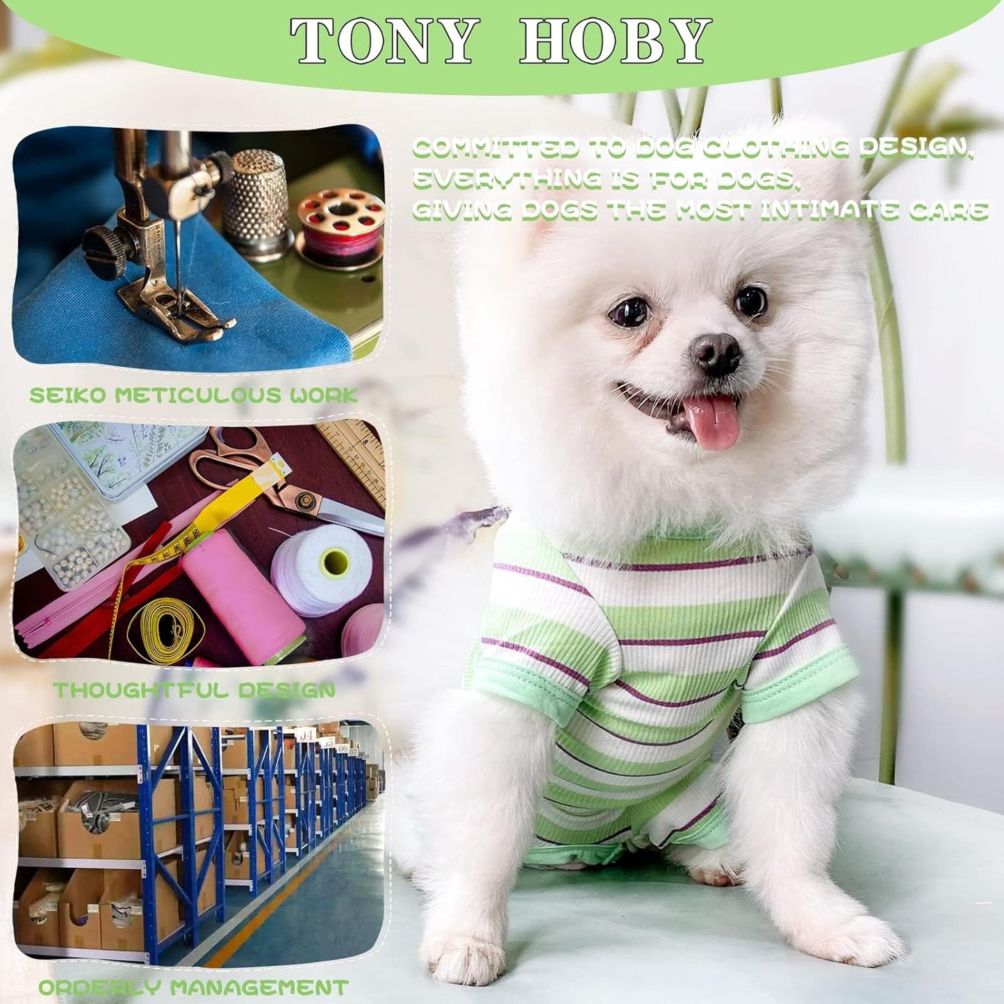 TONY HOBY Dog Pajamas, Male Dog Jumpsuit with Green Stripe, Dogs Clothes for Small Medium Size Dogs (Green&White, Boy, S)