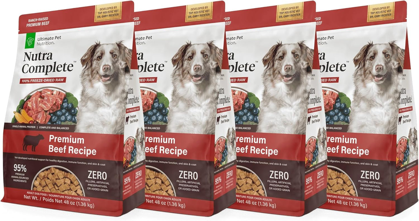 ULTIMATE PET NUTRITION Nutra Complete, 100% Freeze Dried Raw Veterinarian Formulated Dog Food with Antioxidants Prebiotics and Amino Acids (3 Pound (Pack of 4), Beef)