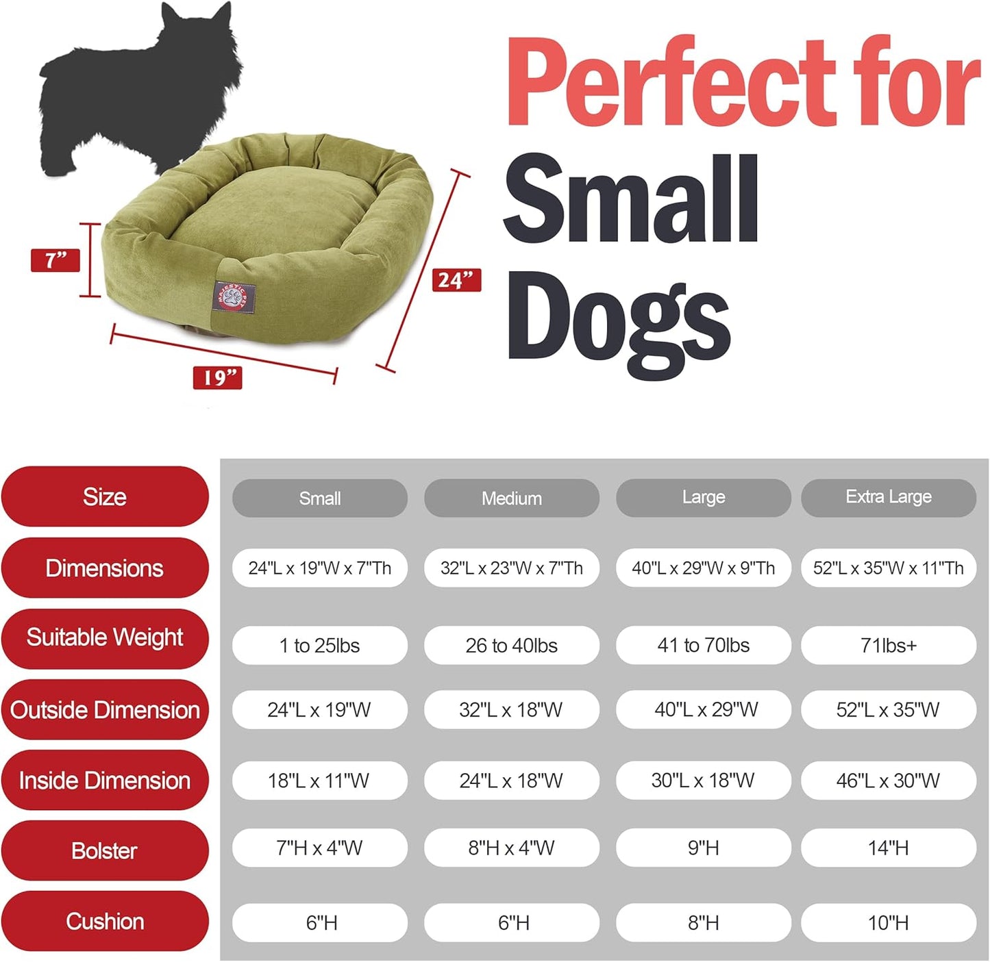 Majestic Pet Villa 24 Inch Shredded Memory Foam Dog Bed for Small Sized Dogs 24x19x7 Inch–Orthopedic Dog Bed-Durable Pet Bed - Washable Small Pet Bed with Head Support-Apple