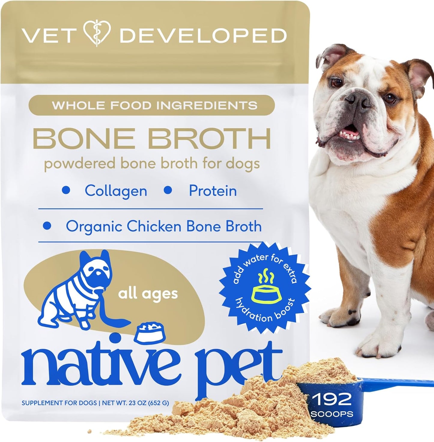 Native Pet Bone Broth for Dogs and Cats - Chicken Bone Broth Powder Dog Food Toppers for Picky Eaters - Provides Extra Nutrition for Joint Strength, Immune Support & Heart Health - 192 Scoops