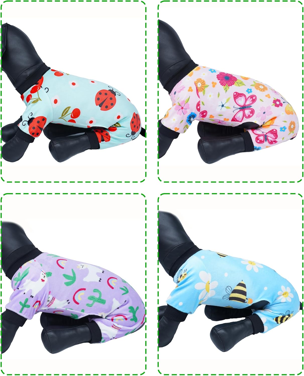 PET SHOW 4 Pack Small Dog Pajamas Spring Dog Clothes for Medium Dogs Girl Boy Soft Stretchy PJs Bee Ladybug Jumpsuit Puppy Cats Floral Onesies Outfits with Sleeve Pets Dachshund Costume(L, Spring)