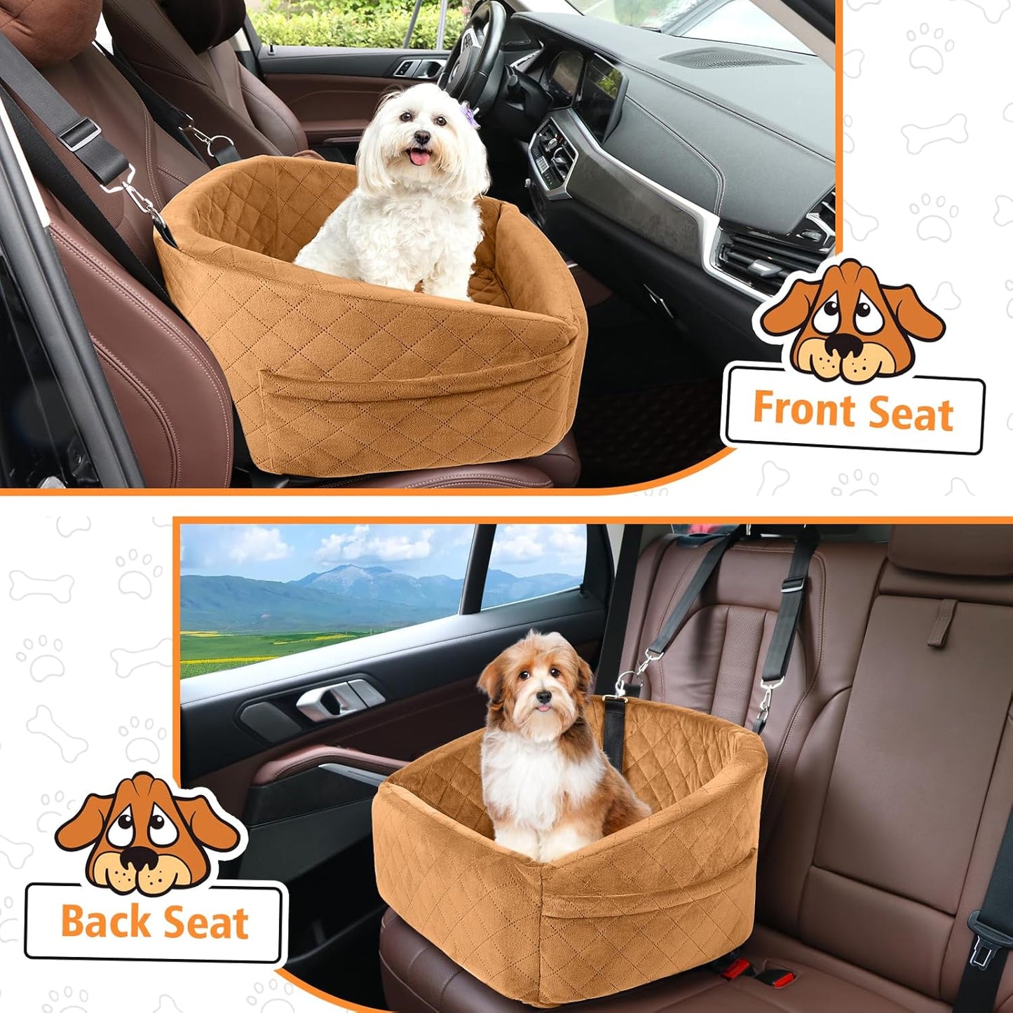 Dog Car Seat for Small Medium Dogs,Detachable Washable Dog Booster Seat Under 30lbs,Pet Car Seat Travel Bed with Storage Pockets and Dog Safety Belt（Brown