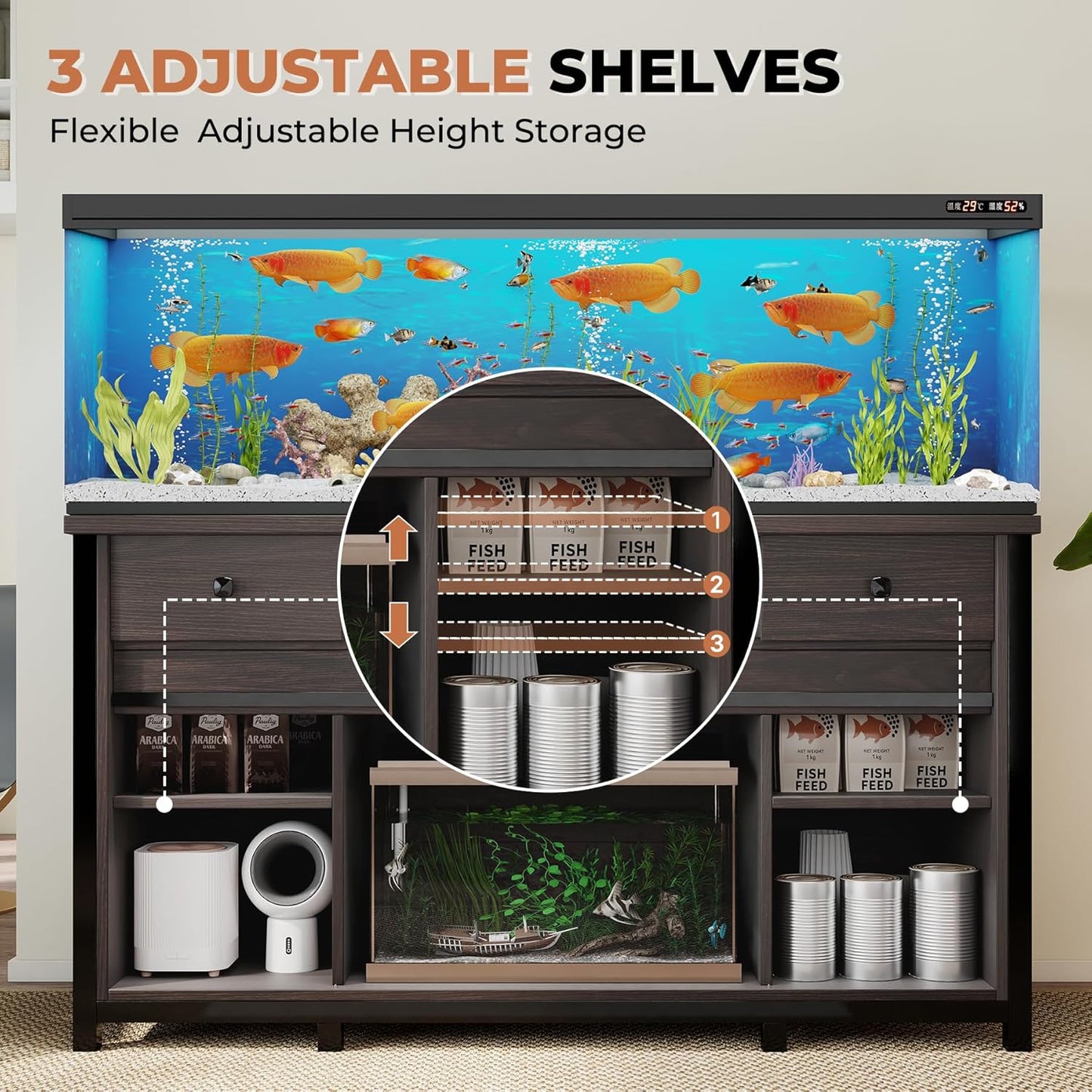 Miereirl 75-120 Gallon Fish Tank Stand with Power Outlet – Heavy Duty Aquarium Stand, Rustic Farmhouse Style, 1000 lb Capacity, Adjustable Storage & Sliding Barn Doors, Dark Brown