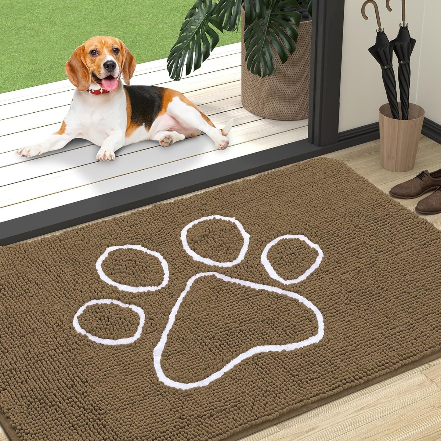 OLANLY Door Mat for Muddy Dog Paws 47x32, Ultra Absorbent Chenille Mud Doormat with Paw Print Design, Non-Slip Washable Doormat for Indoor Entryway, Quick-Dry Pet Bed Mats for Dirty Dogs, Tan