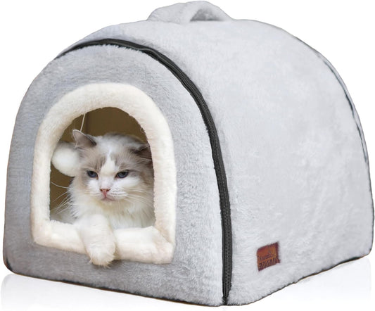 Cat Bed for Indoor Cats，Foldable cat cave，Anti-Slip & Water-Resistant Bottom，cat Houses for Indoor Cats or Small Dogs, Kitten Tent, Rabbit Bed，2 in 1 pet Bed (Grey)