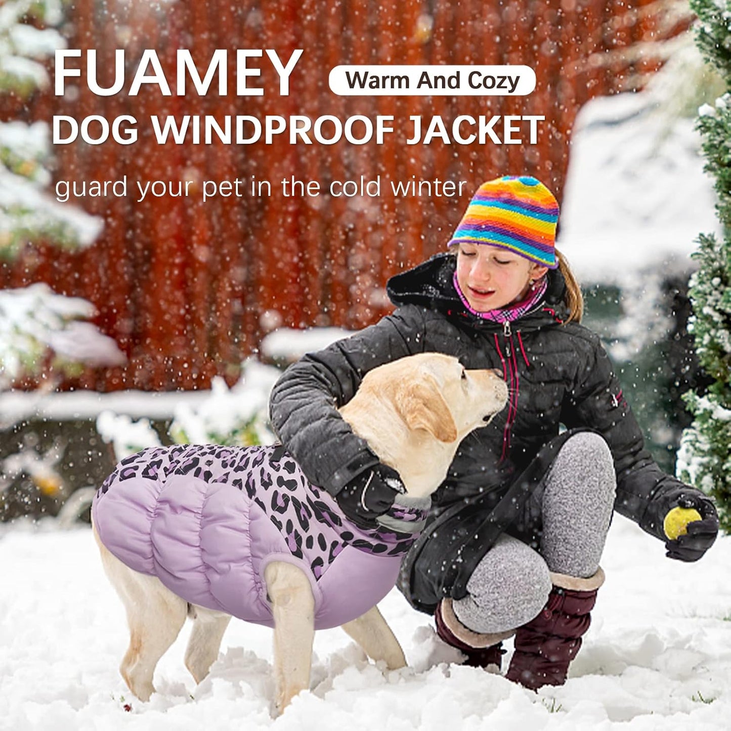 FUAMEY Dog Coat for Large Dogs,Waterproof Dog Winter Jacket with Harness Built in Puppy Cold Weather Coats Reflective Pet Vest with Zipper Warm Fleece Dogs Snowsuit Windproof Purple Leopard L