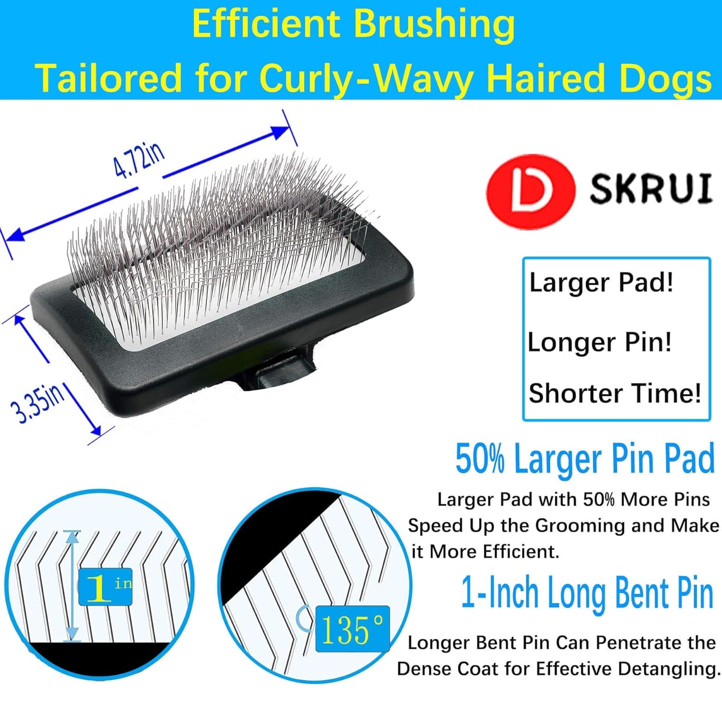 Dog Brush for Long Haired Dogs - Large Firm Slicker Brushes for Poodles, Goldendoodles & Shedding Grooming - Soft Massage Stainless Steel Pins (25mm/1") - Gentle Pet Grooming Wire