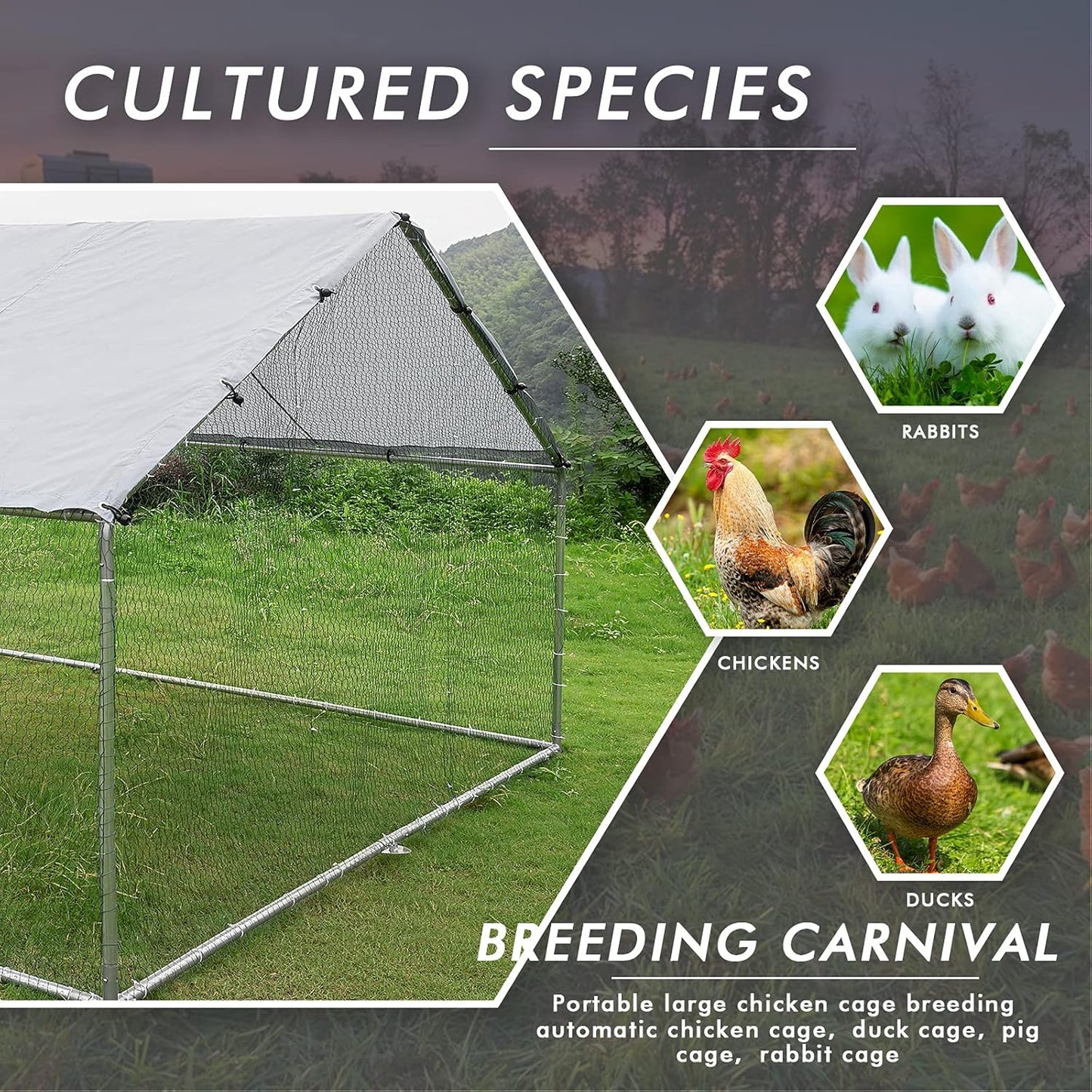 LEMBERI Metal Large Chicken Coop, Spire Shape Walk-in Poultry Chicken Hen cage, Rabbits Duck Cages with Waterproof and Anti-Ultraviolet Cover for Outside,Backyard and Farm