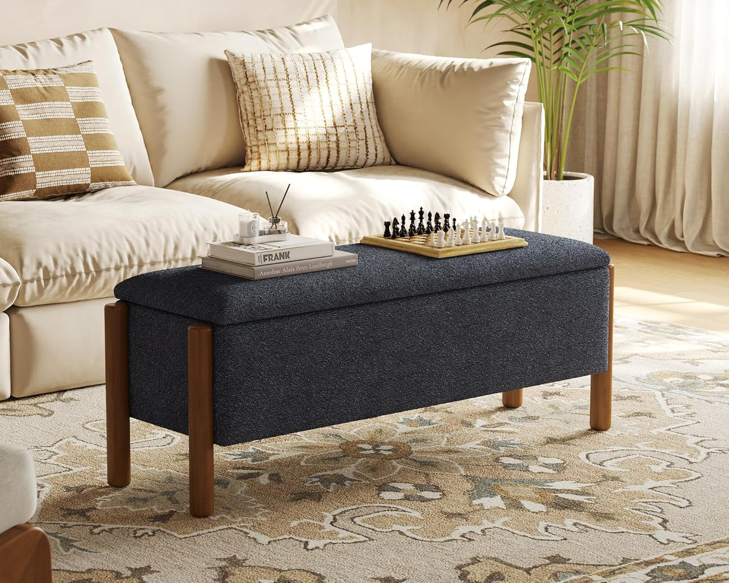 Storage Ottoman Bench, End of Bed Bench for Bedroom, 47" Boucle Upholstered Entryway Shoe Seat Bench, Holds up to 660 lb Storage Ottoman, Padded Blanket Chest Stool Foot Rest for Living Room Blue