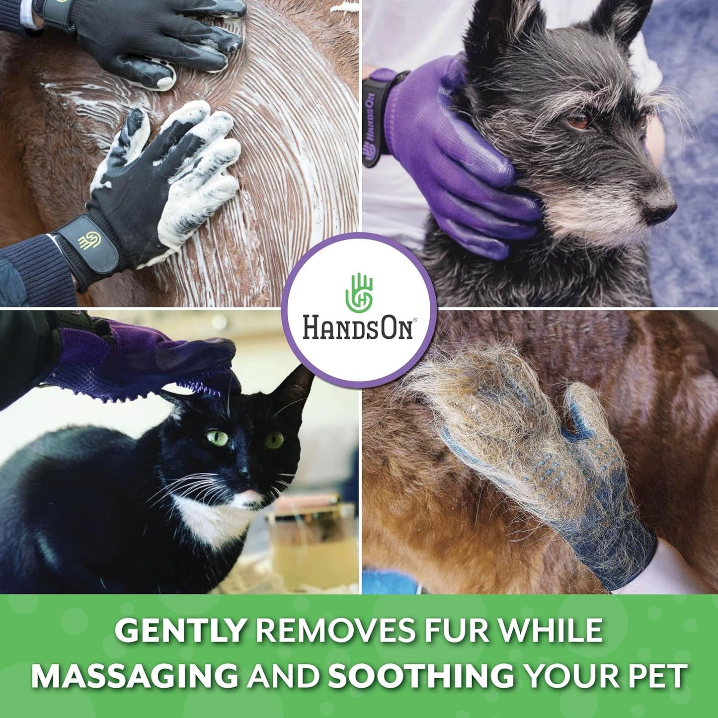 H HANDSON Pet Grooming Gloves - Patented #1 Ranked, Award Winning Shedding, Bathing, & Hair Remover Gloves - Gentle Brush for Cats, Dogs, and Horses (Mono Green, Junior)