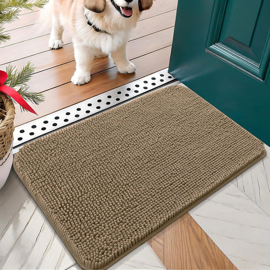 OLANLY Dog Door Mat for Muddy Paws 30x17, Absorbs Moisture and Dirt, Absorbent Non-Slip Washable Doormat, Quick Dry Chenille Mud Mat for Dogs, Entry Indoor Entryway Carpet for Inside Floor, Tan