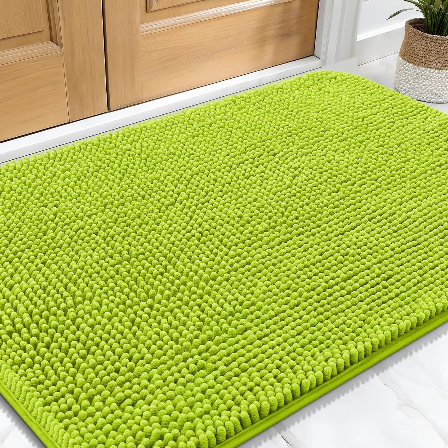OLANLY Dog Door Mat for Muddy Paws 30x20, Absorbs Moisture and Dirt, Absorbent Non-Slip Washable Doormat, Quick Dry Chenille Mud Mat, Entry Indoor Entryway Carpet for Inside Floor, Bright Green