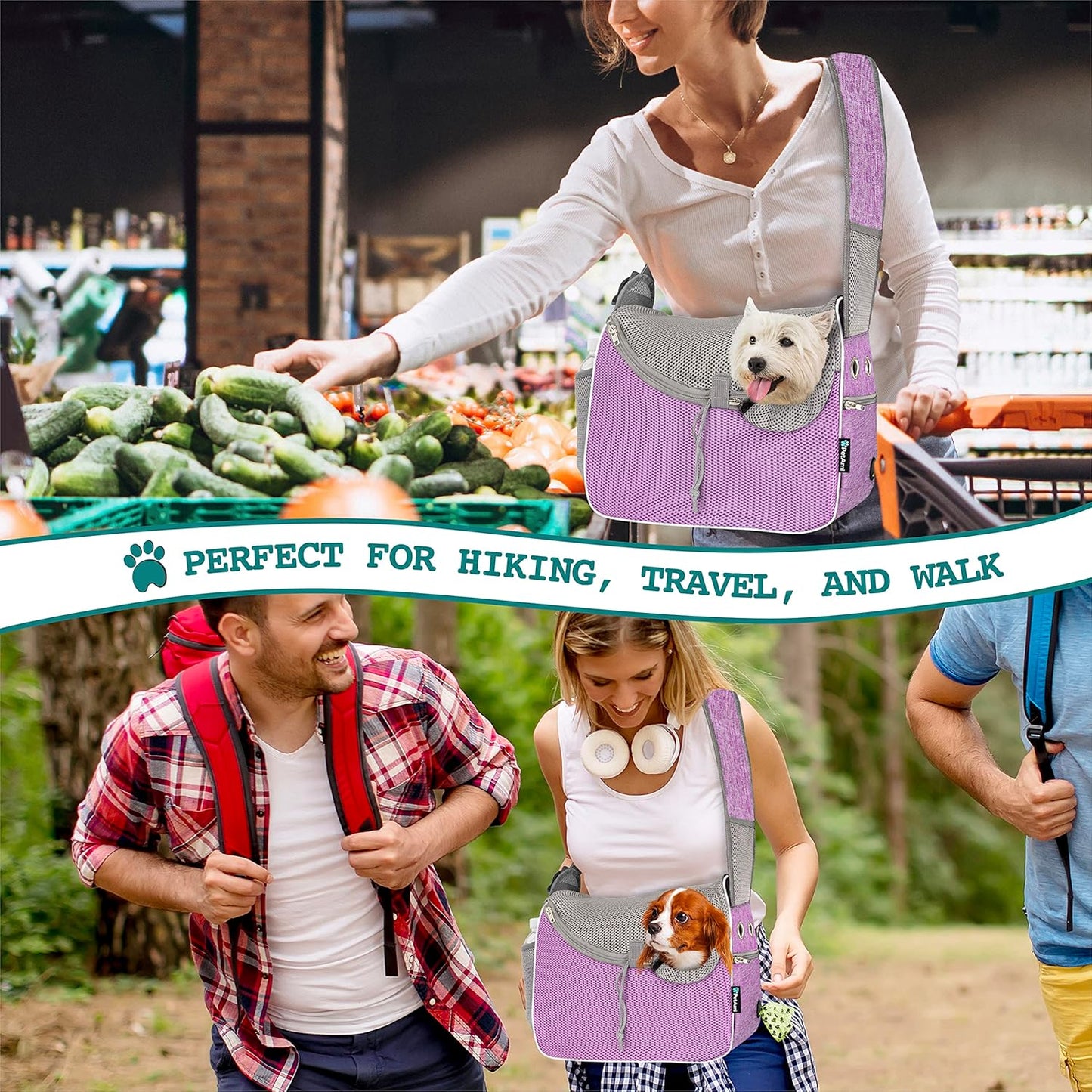 PetAmi Small Dog Sling Carrier, Soft-Sided Crossbody Puppy Carrying Purse Bag, Adjustable Sling Pet Pouch to Wear Medium Dog Cat Travel, Dog Bag for Traveling, Poop Bag Dispenser, Max 10 lbs, Purple