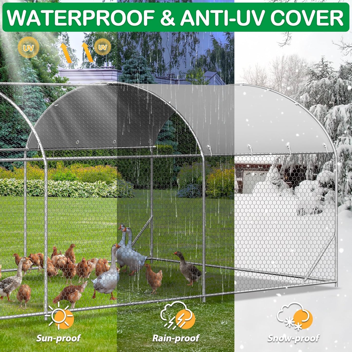 Large Metal Chicken Coop, Walk-in Chicken Run Pen with Waterproof Cover, Dome Roof Poultry Cage for Outdoor, Backyard, Farm (8.96'Wx18.9'Lx6.4'H)