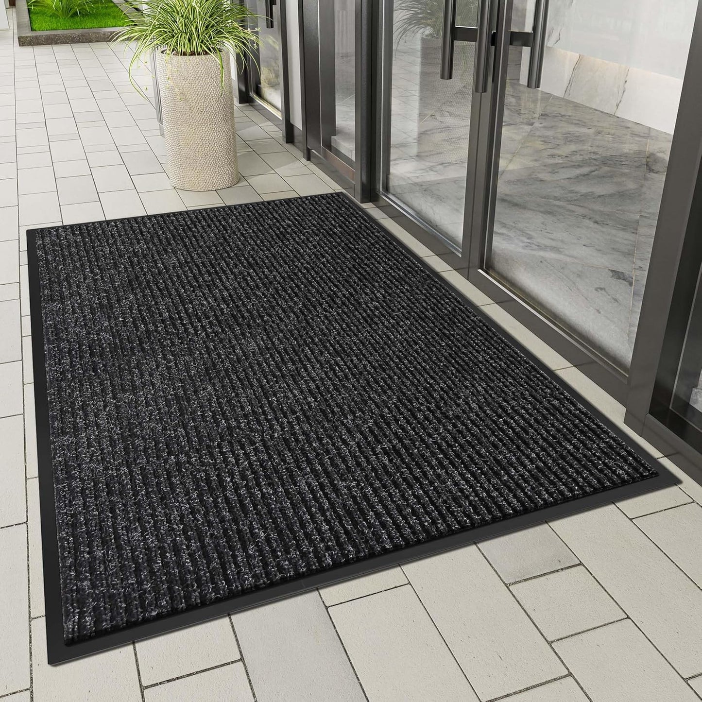 Indoor Outdoor Door Mat, 10' x 3' Doormat for Entryway, Rubber Backing Non Slip Front Door Mat Outside Entrance, Super Absorbent Commercial Floor Mat for Home Office, Black