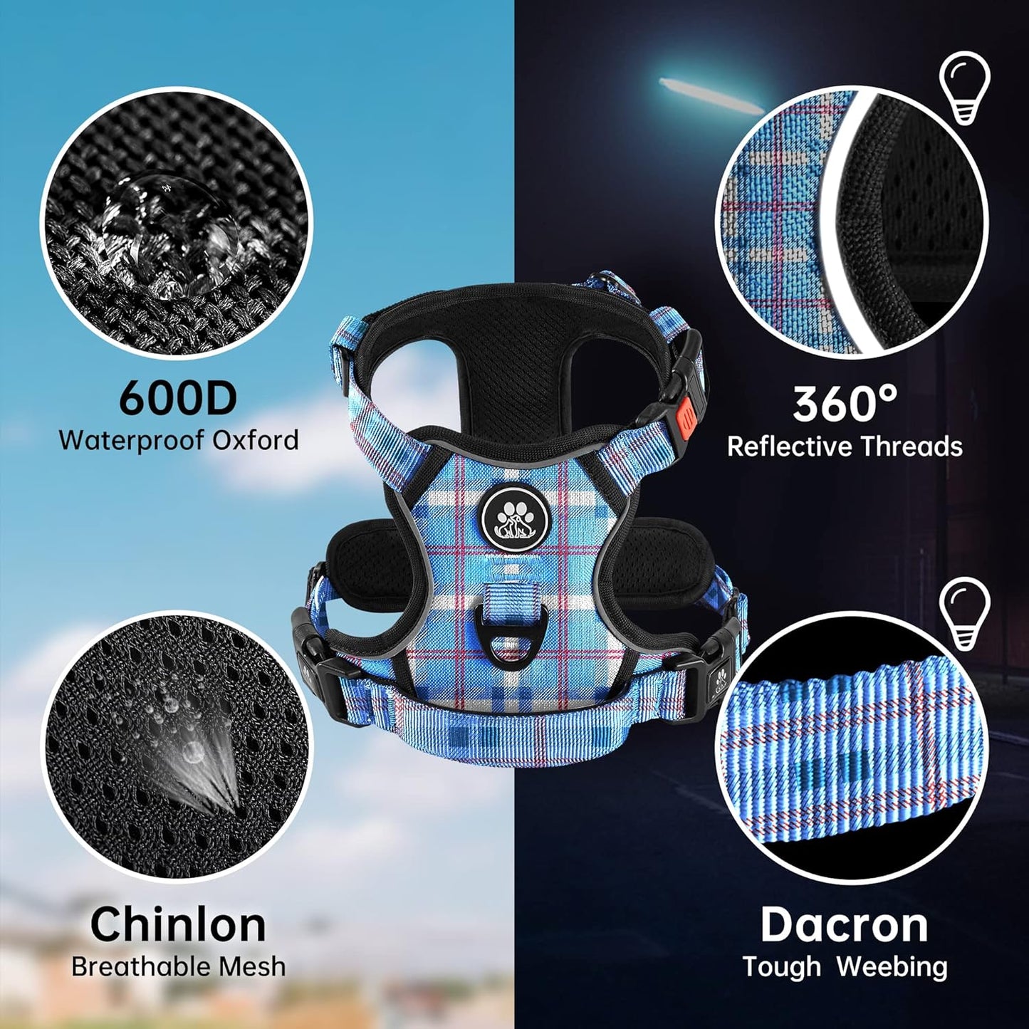 NESTROAD No Pull Dog Harness with Leash, Reflective No Choke Pet Vest Harness,Adjustable Soft Padded Dog Harness with Easy Control Handle for Large Dogs(Checkered Blue,Large)