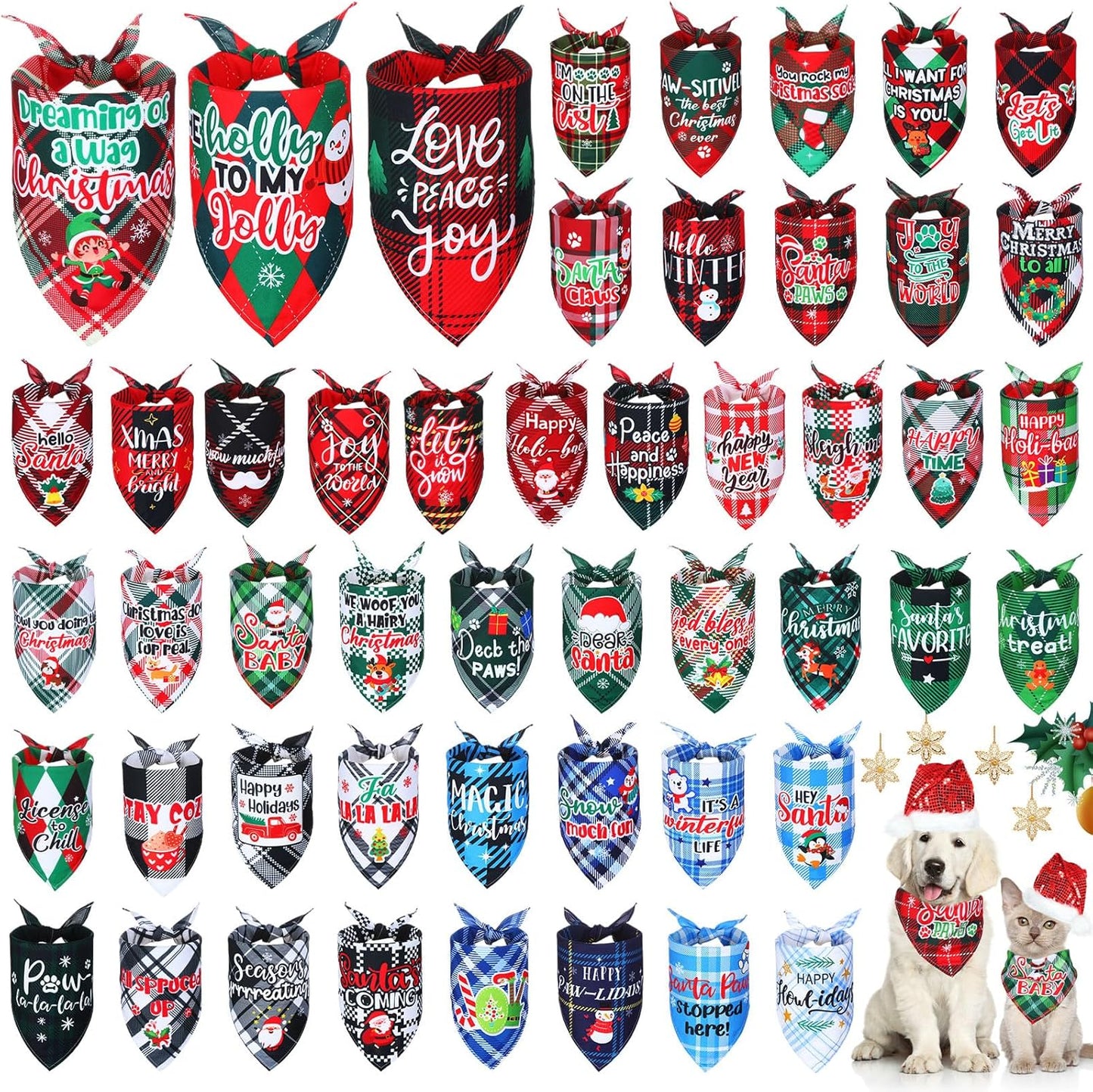 Abbylike 50 Pcs Dog Bandanas Bulk Pet Scarfs Triangle Bibs Adjustable Washable Puppy Kerchief Seasonal Pet Costume Accessories Grooming Supplies for Small Medium Large Dogs Cats(Christmas Plaid Dog)