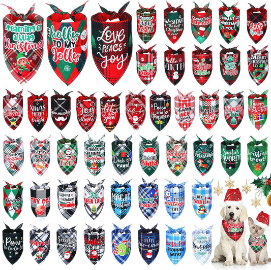 Abbylike 50 Pcs Dog Bandanas Bulk Pet Scarfs Triangle Bibs Adjustable Washable Puppy Kerchief Seasonal Pet Costume Accessories Grooming Supplies for Small Medium Large Dogs Cats(Christmas Plaid Dog)