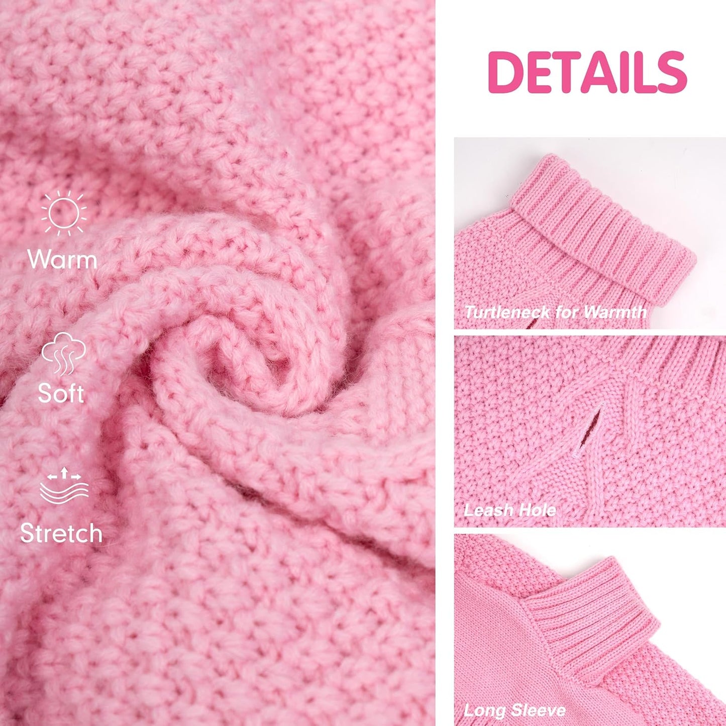 cyeollo Dog Sweater Warm Turtleneck Knitwear Pullover Sweaters with Leash Hole Soft Winter Dog Clothes Sweaters for Dogs,Pink, L
