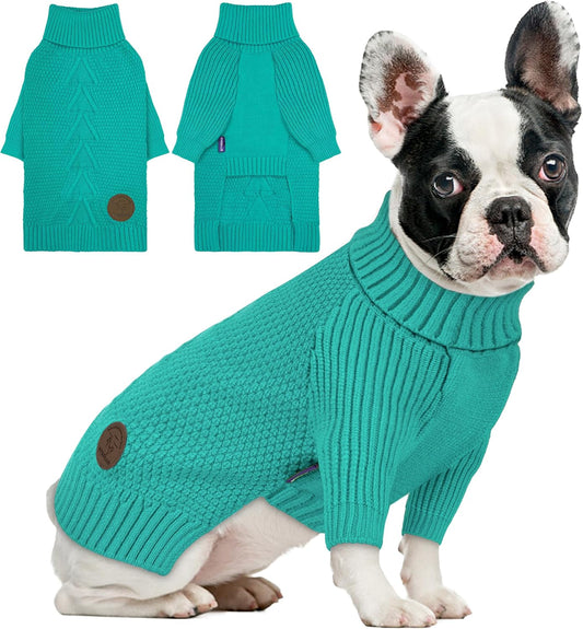 cyeollo Small Dog Sweater, Warm Stretchy Sweaters for Small Dogs Girl, Pullover Knitted Thermal Winter Big Dog Clothes with Sleeves, Turtleneck Pet Beagle Border Collie Apparel, Aqua Green L
